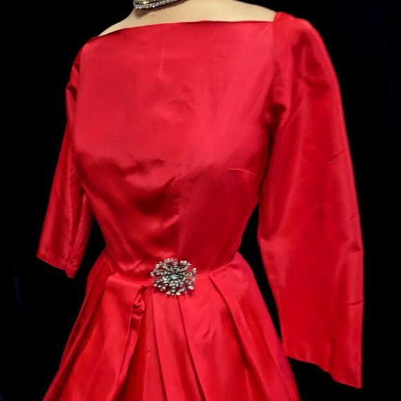 Vintage 1950s Holiday Xmas Party DRESS RED TAFFETA Bust 36" - Picture 3 of 8